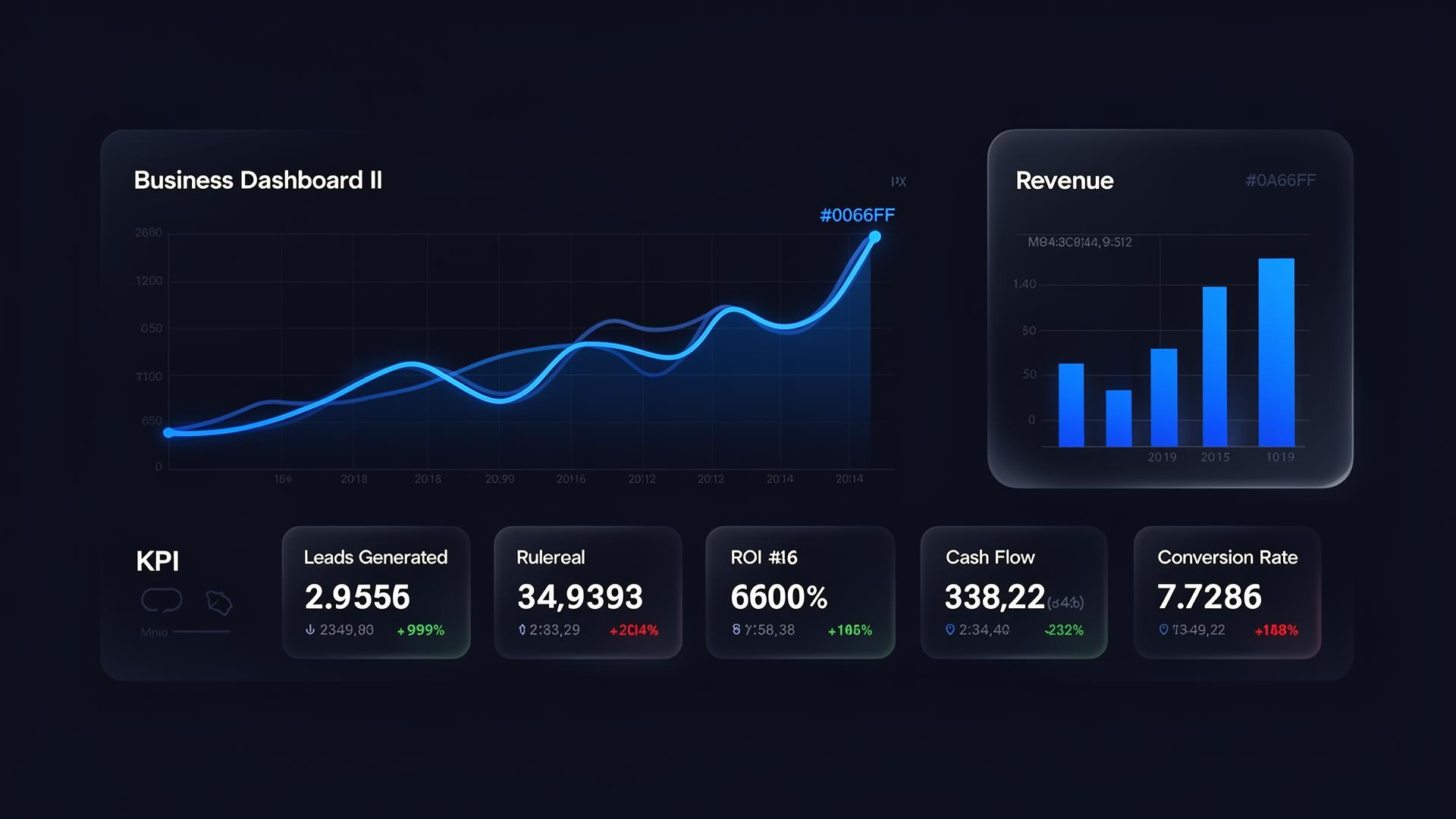 Dashboard de marketing e gestão financeira mostrando leads, ROI e fluxo de caixa